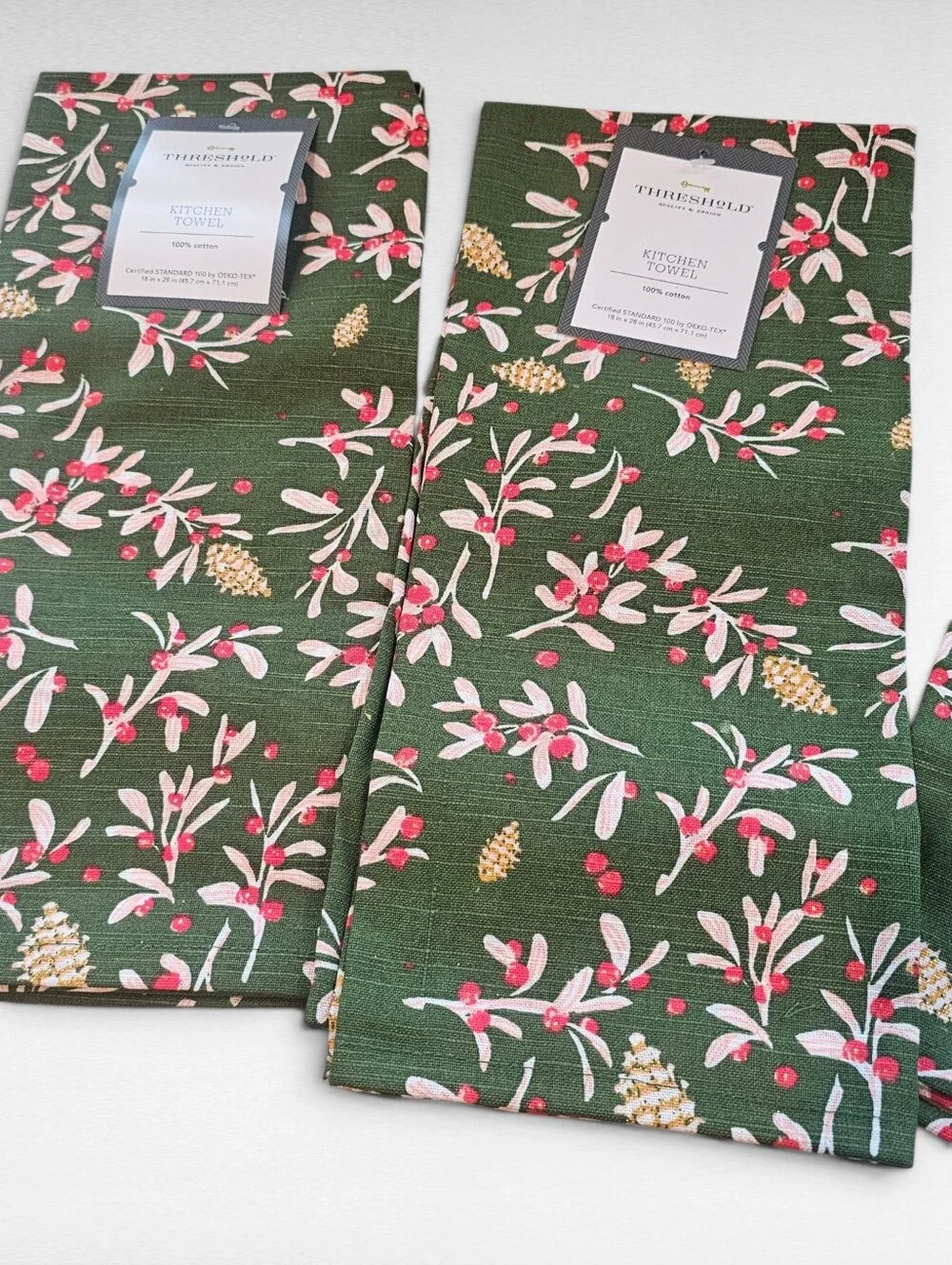 Threshold 3 Pack Cotton Kitchen Towel Green with Winter Berries